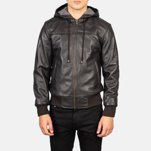 Lucas Brown Hooded Leather Bomber Jacket - Image 2