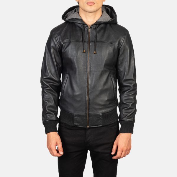 Lucas Black Hooded Leather Bomber Jacket - Image 2