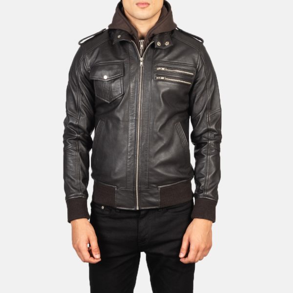 Noah Brown Hooded Leather Bomber Jacket - Image 2