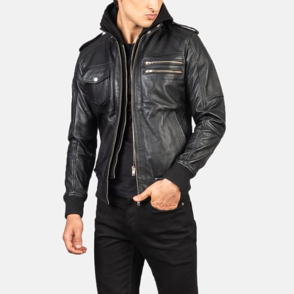 Noah Black Hooded Leather Bomber Jacket - Image 4