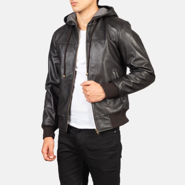 Lucas Brown Hooded Leather Bomber Jacket - Image 3