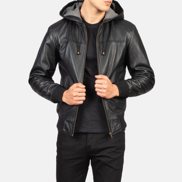 Lucas Black Hooded Leather Bomber Jacket - Image 4