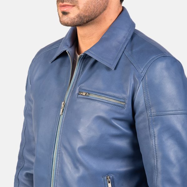 Matthew Blue Leather Biker Jacket - Image 4