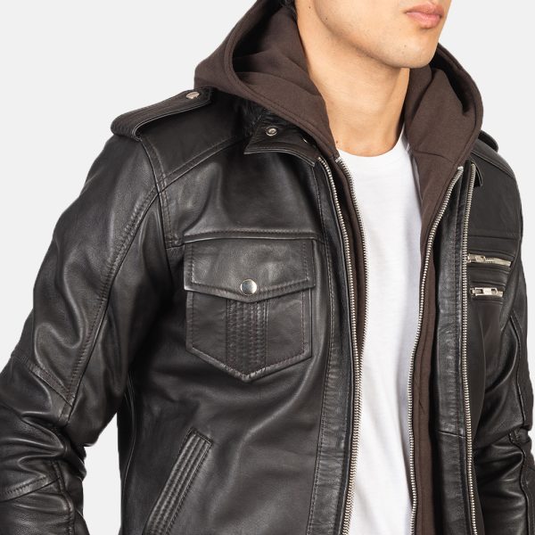 Noah Brown Hooded Leather Bomber Jacket - Image 4