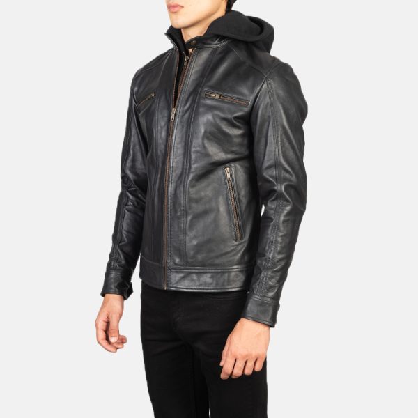 Benjamin Black Hooded Leather Biker Jacket - Image 3