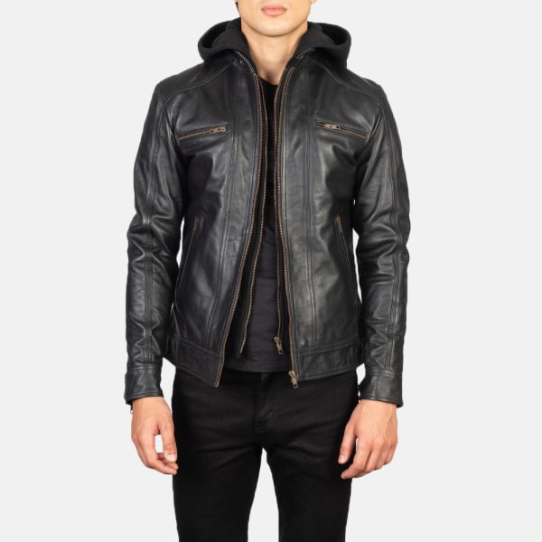 Benjamin Black Hooded Leather Biker Jacket - Image 2