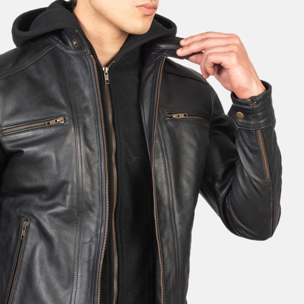 Benjamin Black Hooded Leather Biker Jacket - Image 4