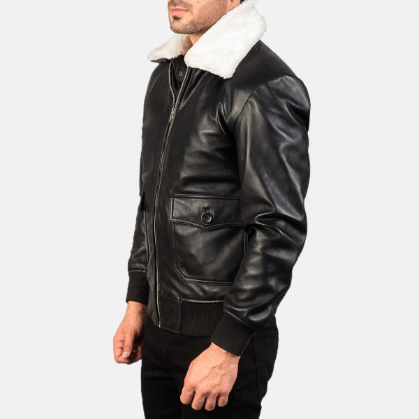 Owen Black Leather With White Fur Bomber Jacket - Image 3