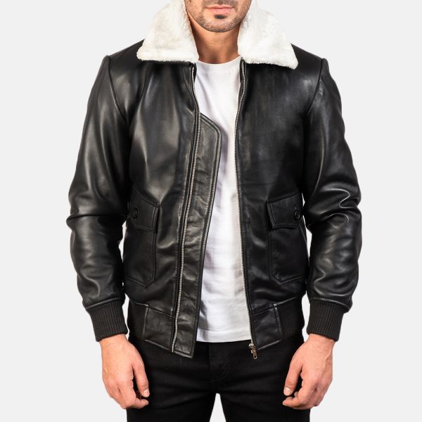 Owen Black Leather With White Fur Bomber Jacket