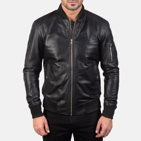 Daniel Black Leather Bomber Jacket - Image 2
