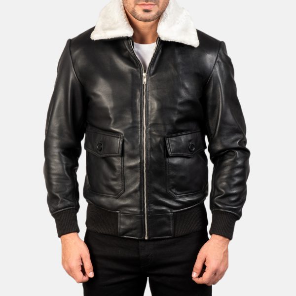 Owen Black Leather With White Fur Bomber Jacket - Image 2