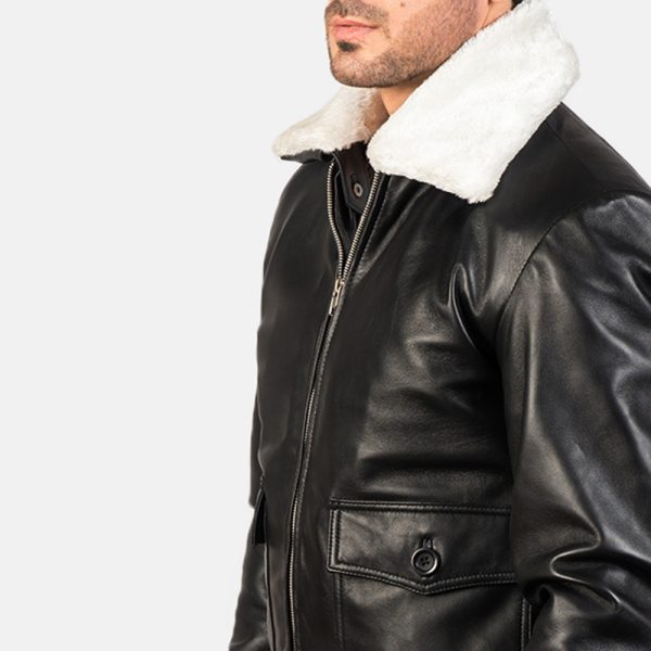 Owen Black Leather With White Fur Bomber Jacket - Image 4