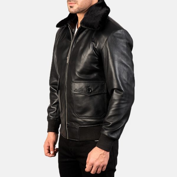 Owen Black Leather With Black Fur Bomber Jacket - Image 3
