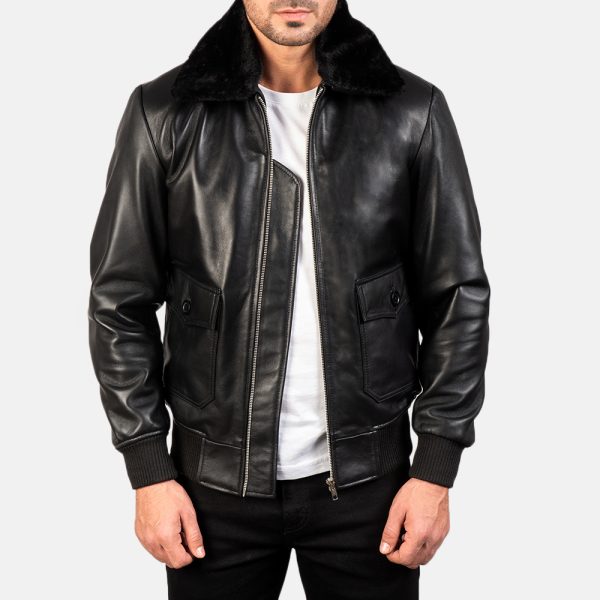 Owen Black Leather With Black Fur Bomber Jacket