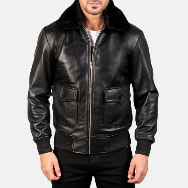 Owen Black Leather With Black Fur Bomber Jacket - Image 2