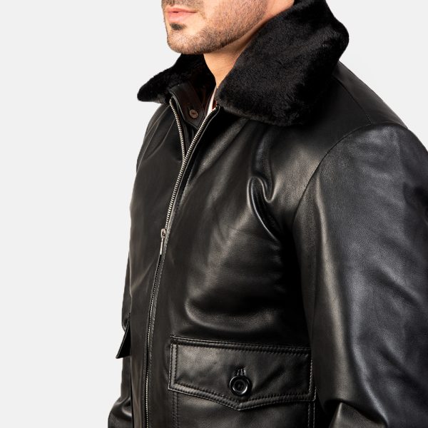 Owen Black Leather With Black Fur Bomber Jacket - Image 4