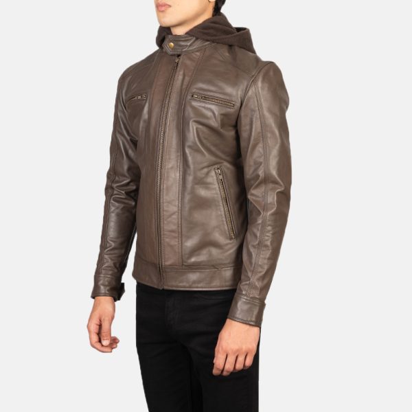 Benjamin Brown Hooded Leather Biker Jacket - Image 3