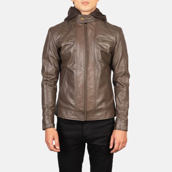 Benjamin Brown Hooded Leather Biker Jacket - Image 2