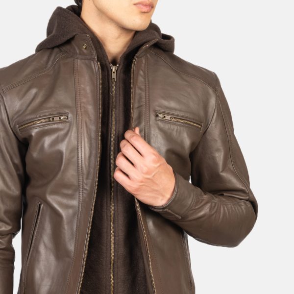 Benjamin Brown Hooded Leather Biker Jacket - Image 4