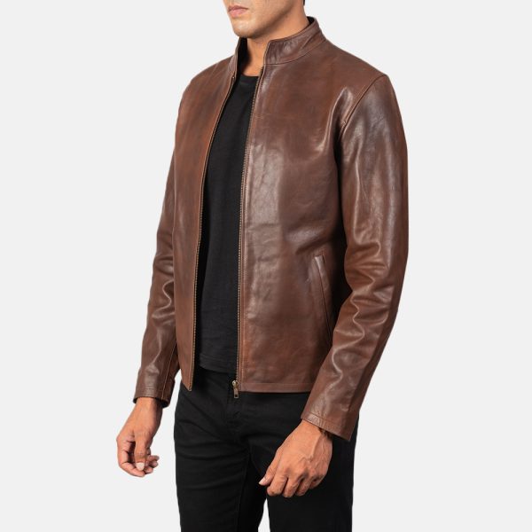 Levi Brown Leather Biker Jacket - Image 3