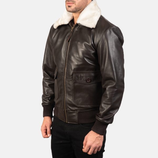 Owen Brown Leather With White Fur Bomber Jacket - Image 3