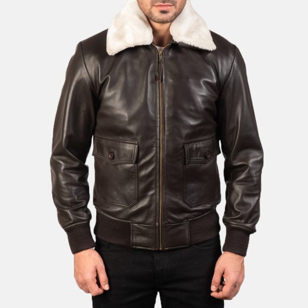 Owen Brown Leather With White Fur Bomber Jacket - Image 2
