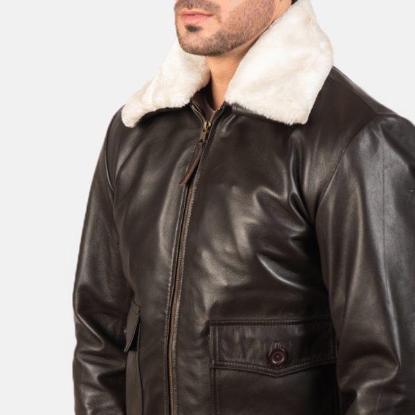 Owen Brown Leather With White Fur Bomber Jacket - Image 4