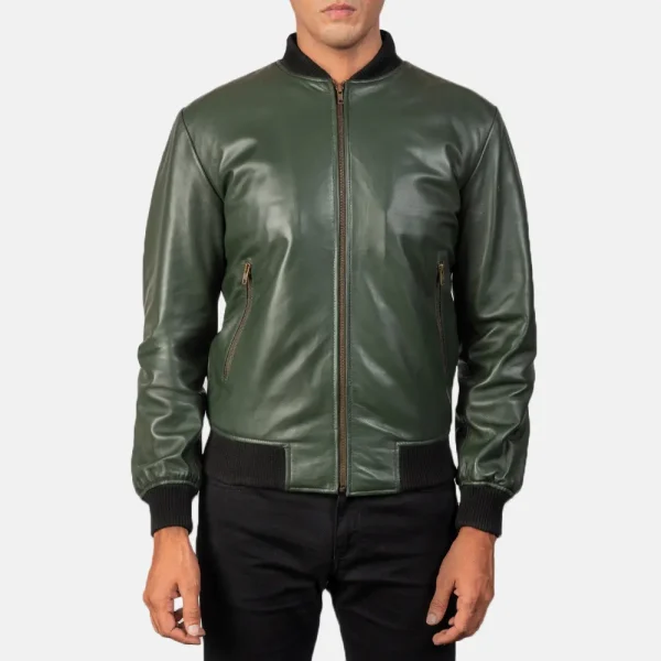 Jack Green Leather Bomber Jacket - Image 2