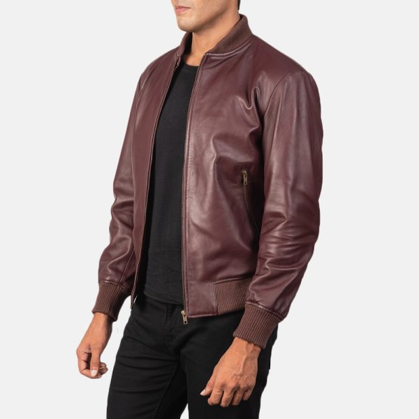 Jack Maroon Leather Bomber Jacket - Image 3