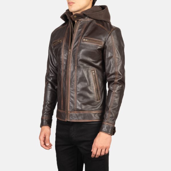 Benjamin Vintage Brown Hooded Leather Biker Jacket - Image 3