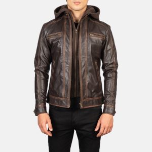 Benjamin Vintage Brown Hooded Leather Biker Jacket