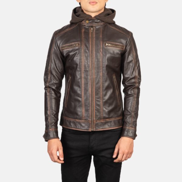 Benjamin Vintage Brown Hooded Leather Biker Jacket - Image 2