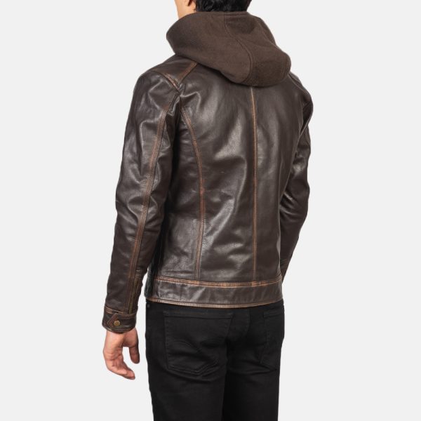 Benjamin Vintage Brown Hooded Leather Biker Jacket - Image 5