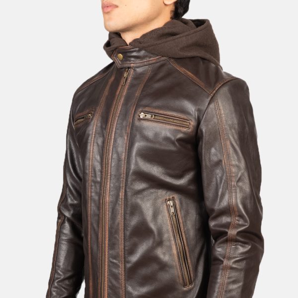Benjamin Vintage Brown Hooded Leather Biker Jacket - Image 4